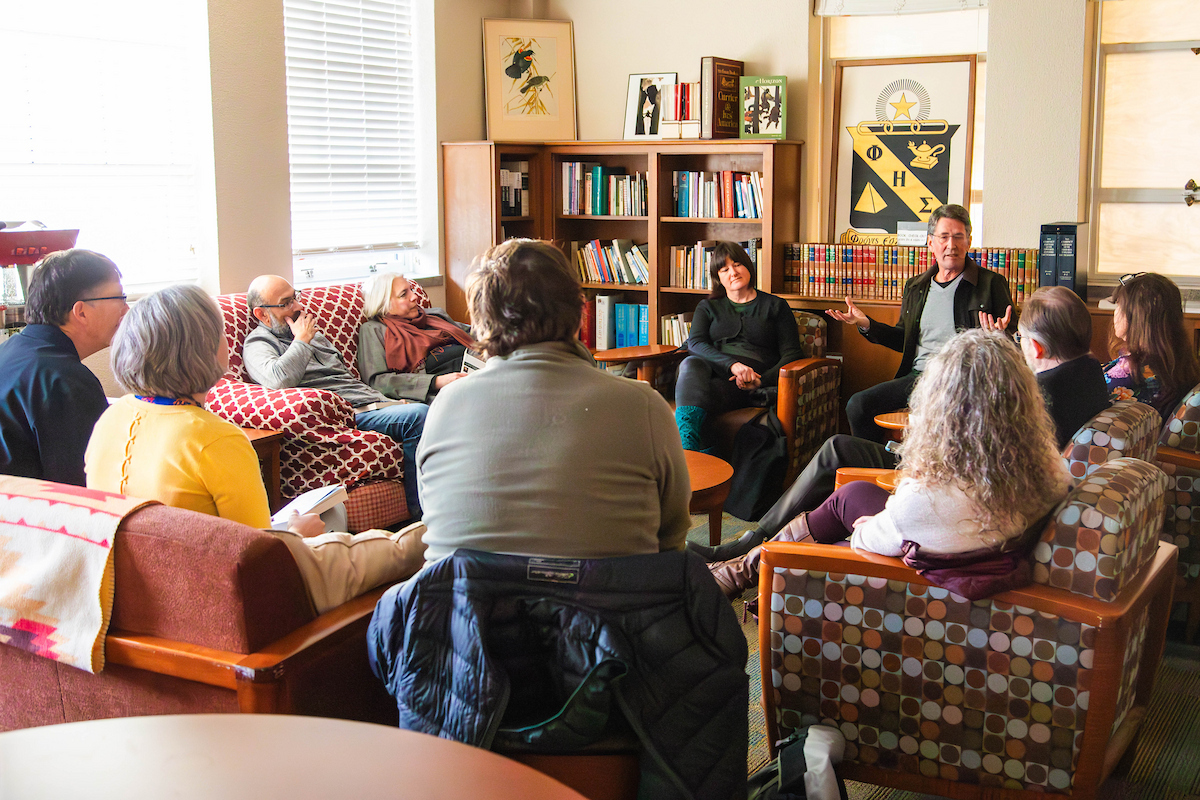Jess Walter talking to employees at the book club.