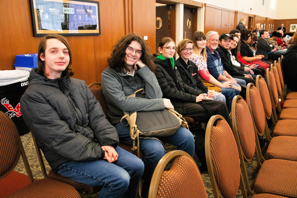 Row of students listening to Jess Walter.