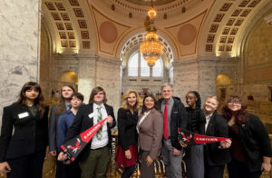 Photo of ASEWU members with the EWU president and Gabe Blackwell in the Capitol Building.