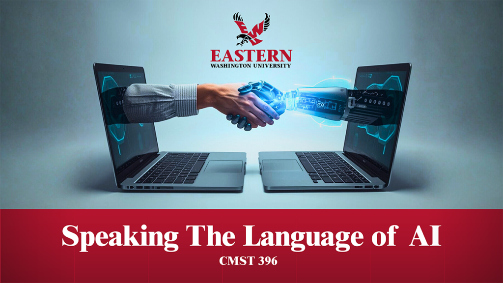 Graphic with a robot arm shaking hands with a human arm with Eastern name and logo and the name of the course.