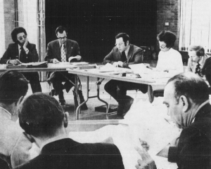 BOT meeting that removed ‘Savage’ as an Eastern mascot name. From left to right is Jerome Page, Merle Haffner, Morris Shore, Ms. Frederick Wilson and Ronald Robinson.