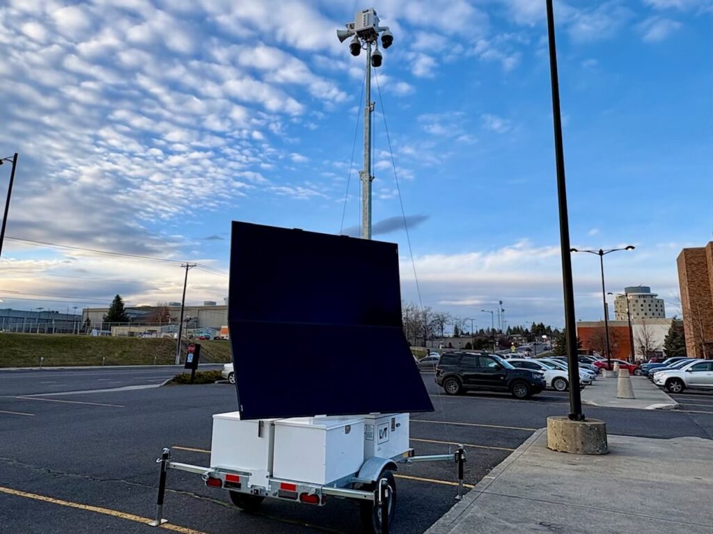 A mobile security camera unit is situated in an EWU parking lot.
