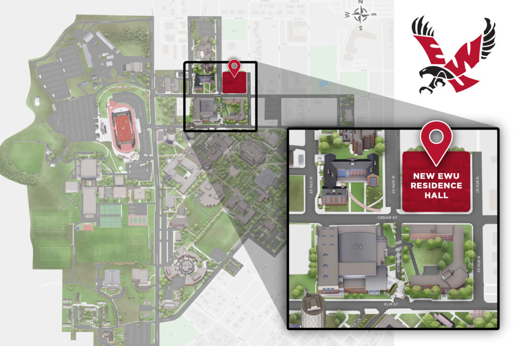 Map shows location of new residence hall project on north end of campus.