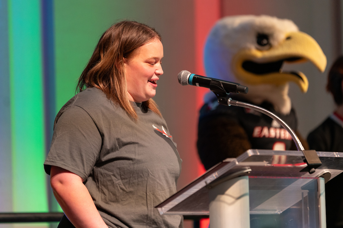 Student speaking at the podium.
