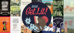 Graphic that says 2026 Get Lit! with a centered cartoon marmot wearing a red hat reading and pictures of featured books on both side.