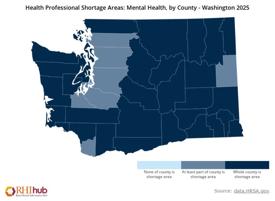 Map of Washington counties with shortages in mental health professionals.
