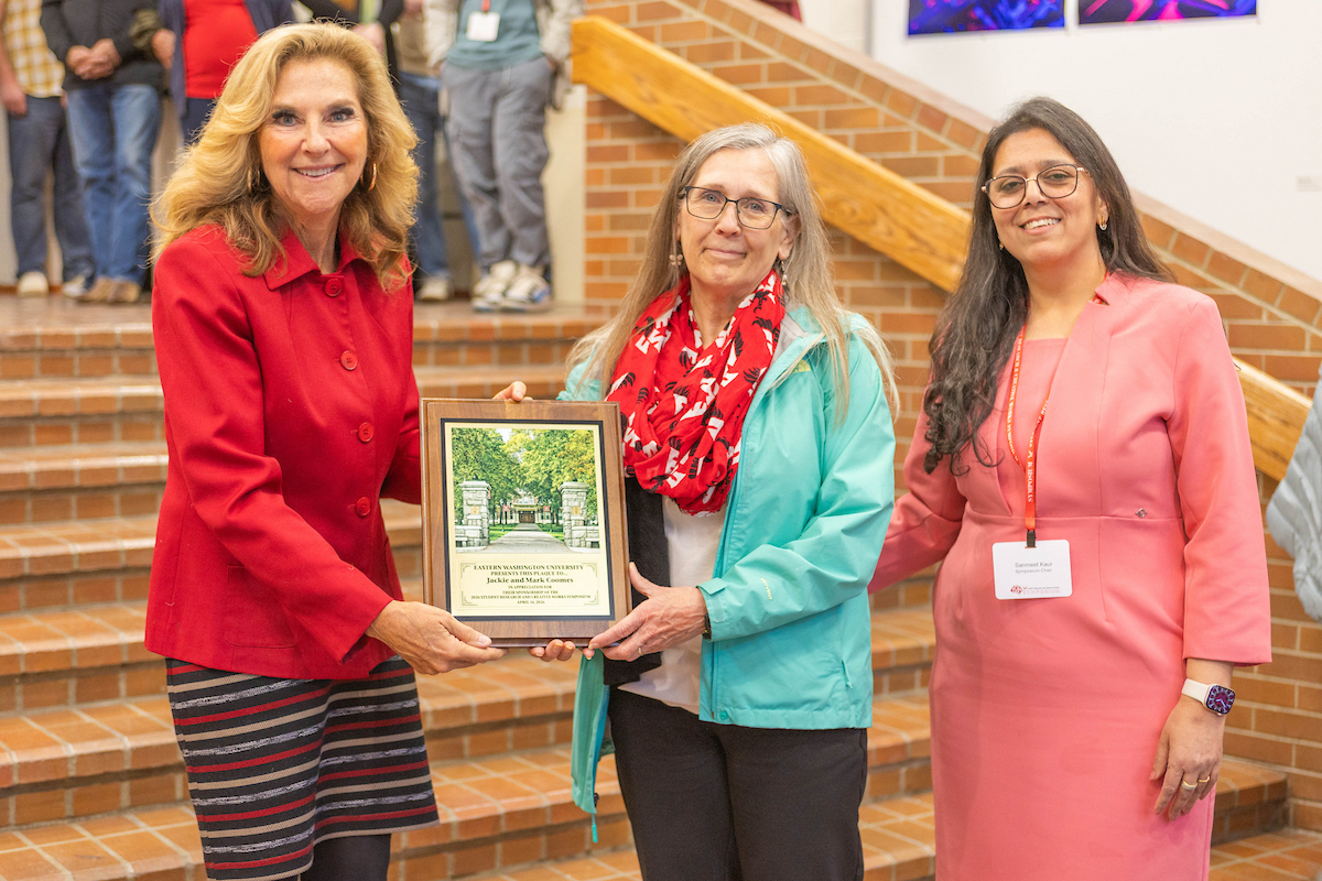 President McMahan, Jackie Coomes and Sanmeet Kaur with thank you plaque.