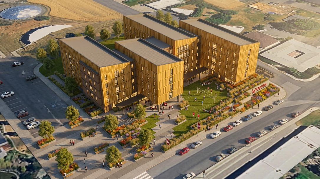 Aerial view of the design and suyrrounding street.