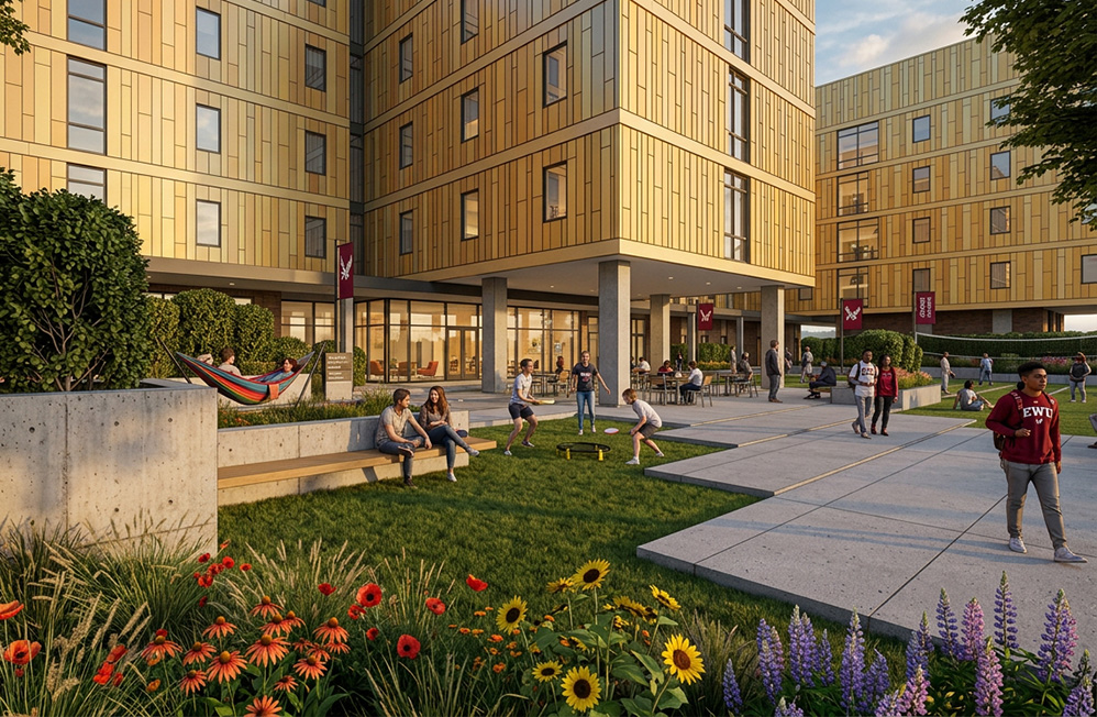 Close up rendering of the front landscaped area with students.