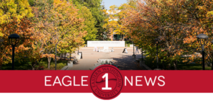 Eagle 1 News banner with fall colors and the Eastern Washington University wall across from JFK.
