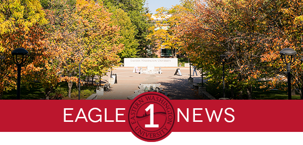 Eagle 1 News banner with fall colors and the Eastern Washington University wall across from JFK.