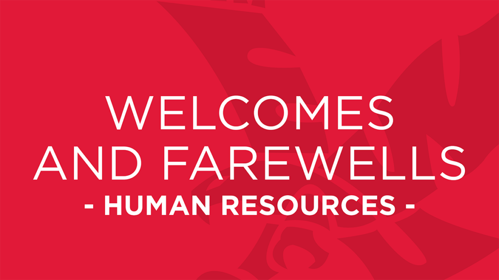 Red block with white text that reads HR Welcomes and Farewells.