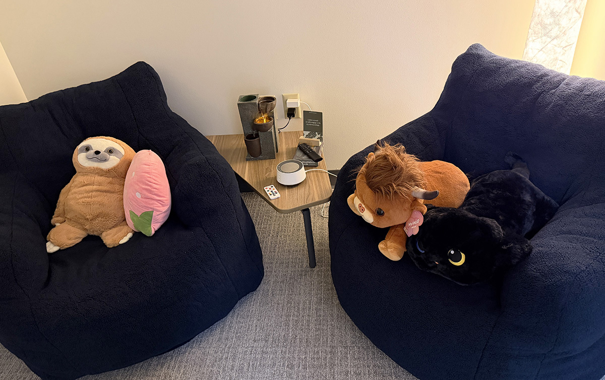 Photo of sensory room with comfy chairs, three stuffed animals and a sound machine and mini fountain.