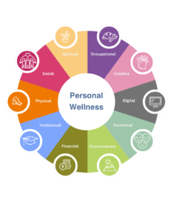 Personal wellness wheel with categories that include spiritual, occupational, creative, digital, emotional, environmental, financial, intellectual, physical and social.